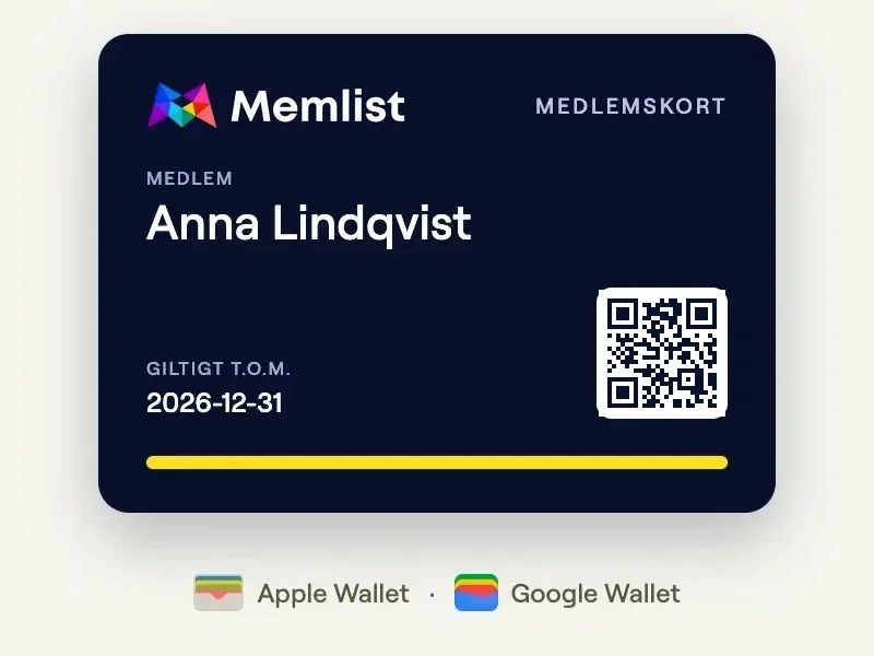 Exempel på digitalt medlemskort med QR-kod i Apple Wallet och Google Wallet