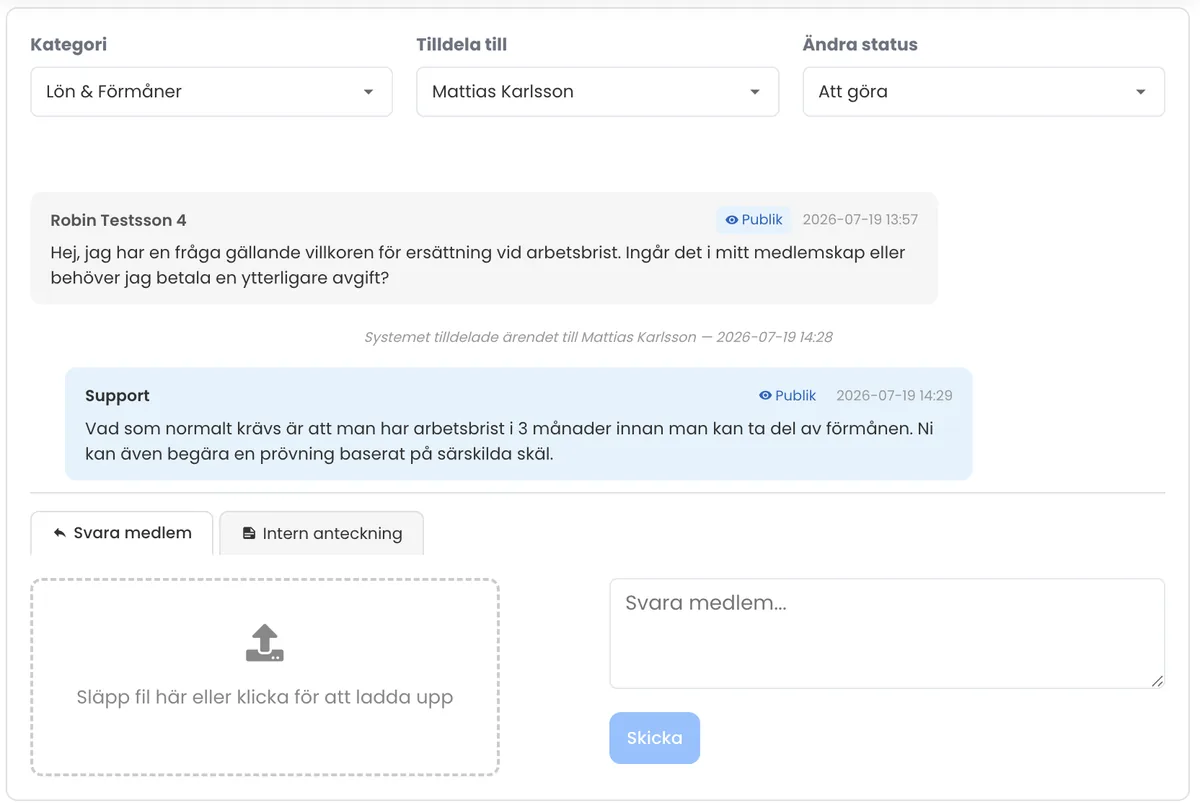Ärendehantering i Memlist - medlemsärende med fråga, supportsvar och tilldelning till handläggare