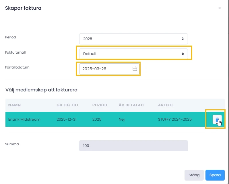 Exempel på skapande av faktura