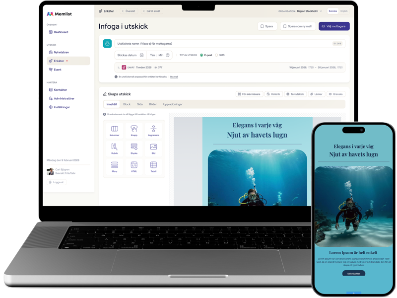 Memlist Marketeer onlineplattform för nyhetsbrev visad på laptop och mobil — GDPR-säker redigering med drag-and-drop och responsiv förhandsvisning