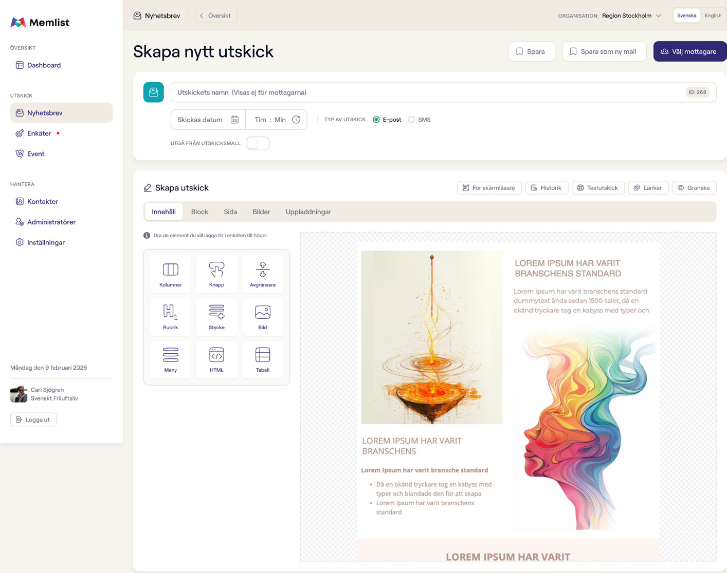 Nyhetsbrev i Memlist Marketeer — onlineplattform med drag-and-drop-redigering, mallar och innehållsblock för säkra utskick